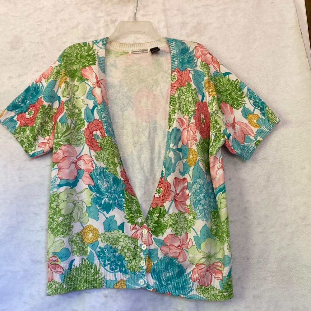 Reference Point Floral Button Front Short Sleeve Cotton Cardigan Sweater Vest XL